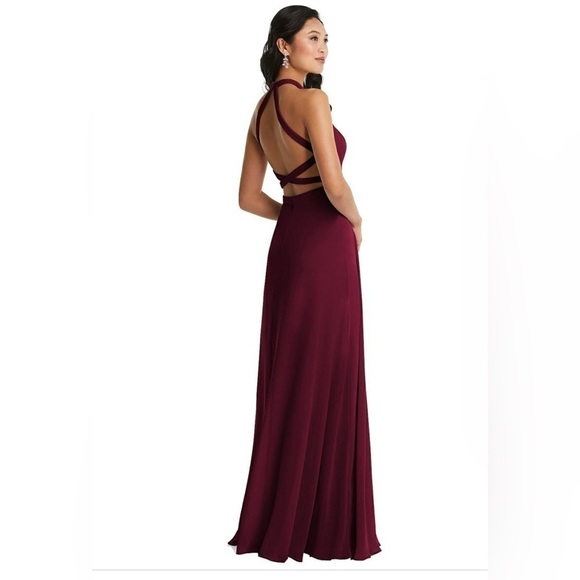 Dessy Collection Stand Collar Halter Maxi Dress With Criss Cross Open-Back Red - Picture 9 of 9
